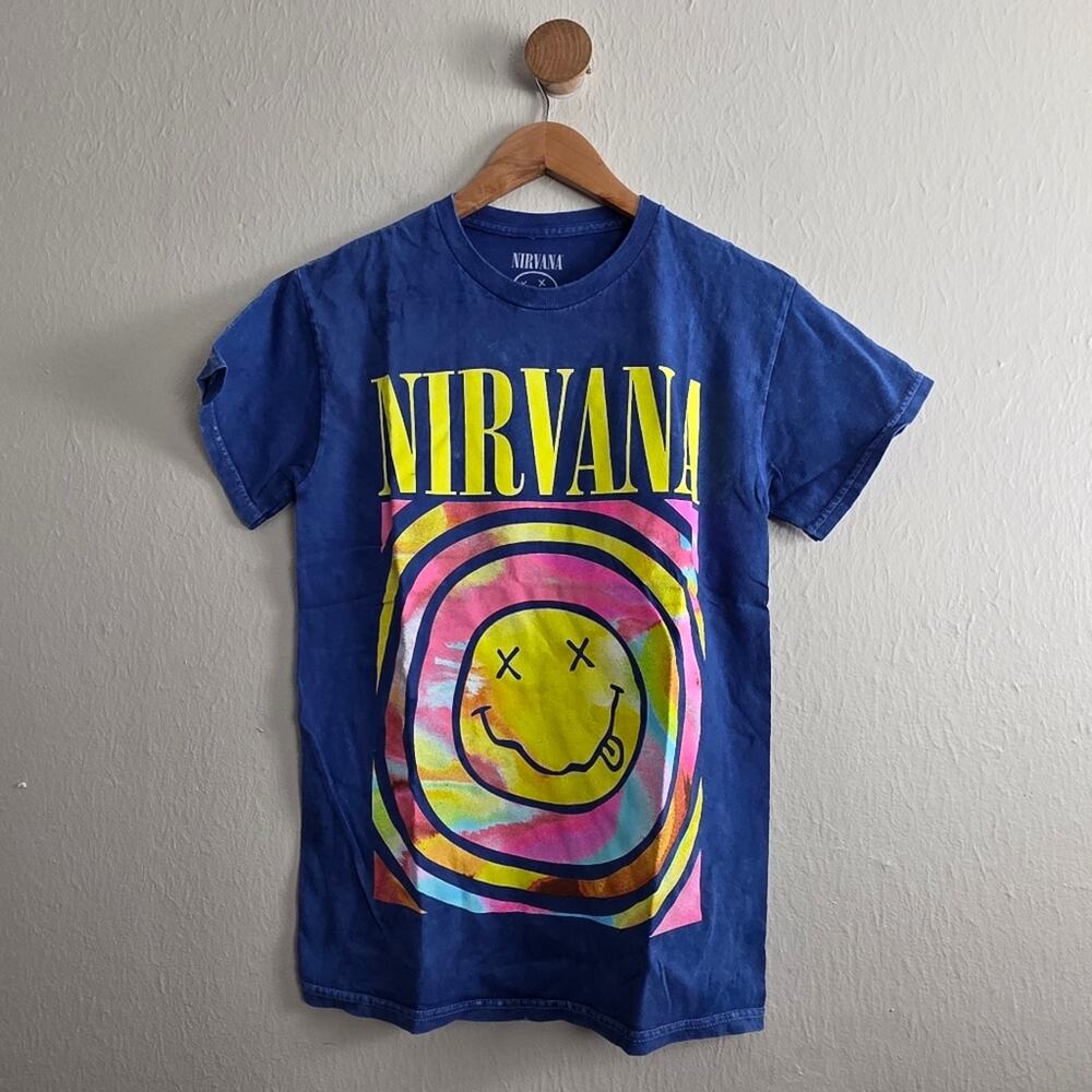 Nirvana Smiley Face Graphic Tee Blue Tie Dye Acid Wash Rock Band Shirt Small